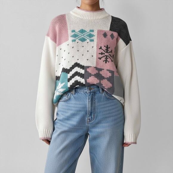 80s Apres Ski Fair Isle Sweater Mock Neck Nordic Scandi Cabincore Twee M Vintage - Picture 2 of 9